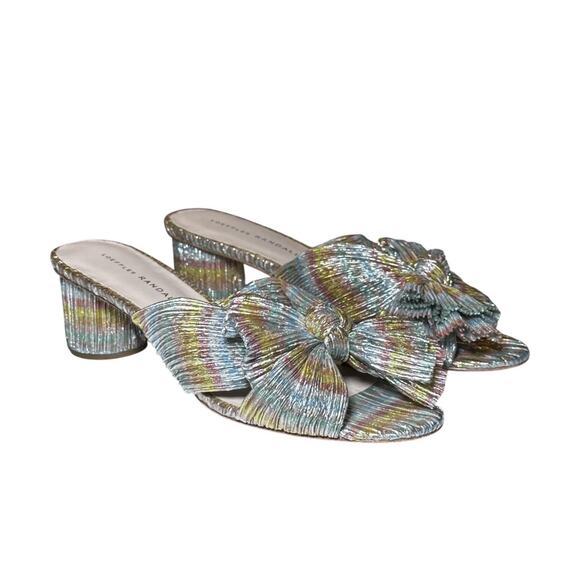 Loeffler Randall Emilia Metallic Pleated Bow Slides Mules Heels Sandals Size 8.5 - Picture 1 of 8